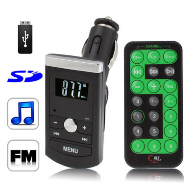 Car MP3 FM Transmitter with Remote Control, Supports USB Flash Disk & SD/ MMC Card